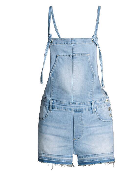 SZ60208 High Waisted Solid Denim Romper Shorts in Light Blue